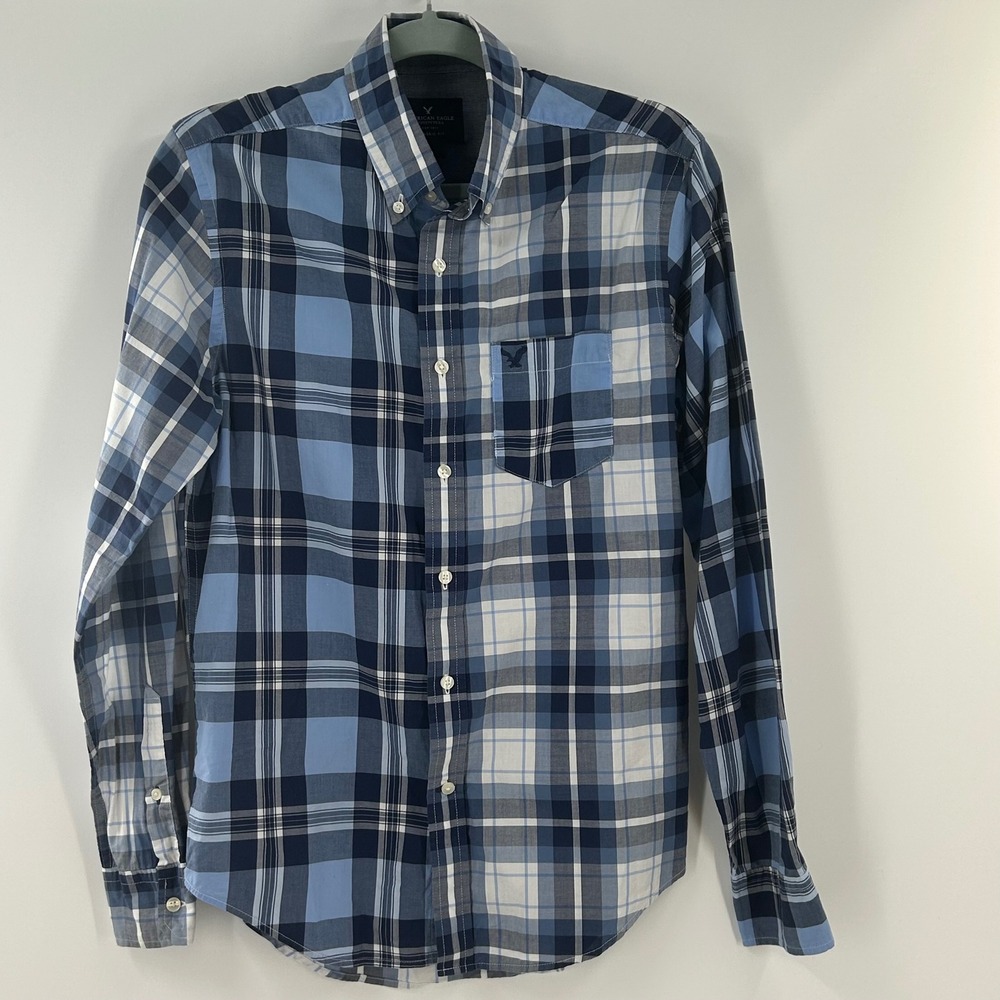 American Eagle Mens Small Blue Plaid Button Down Shirt Classic Fit 2337521898